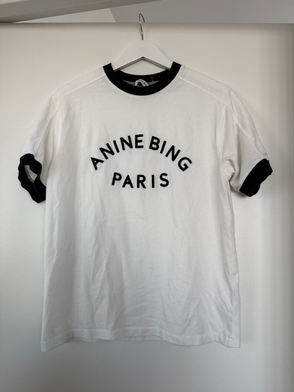 Anine Bing White Tee with Black Ringer Trim and Logo- size small!